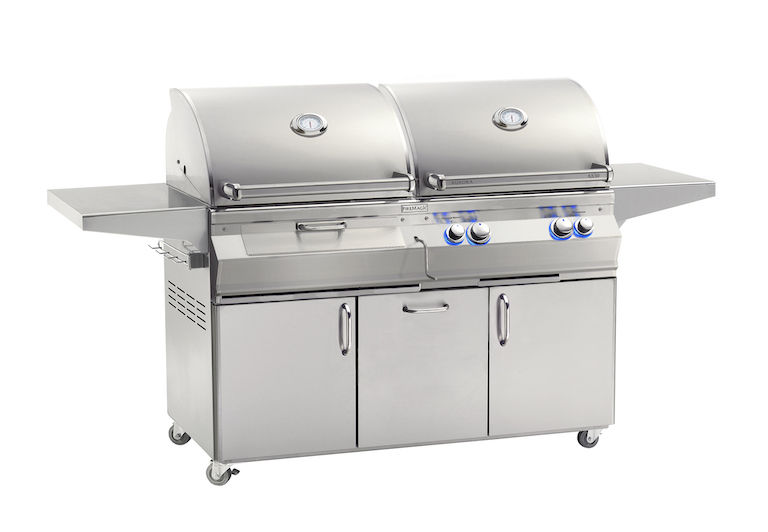  46" Aurora Gas/Charcoal Combo Grill with Analog Thermometer, Back Burner Rotisserie Kit, and Infrared Burner 